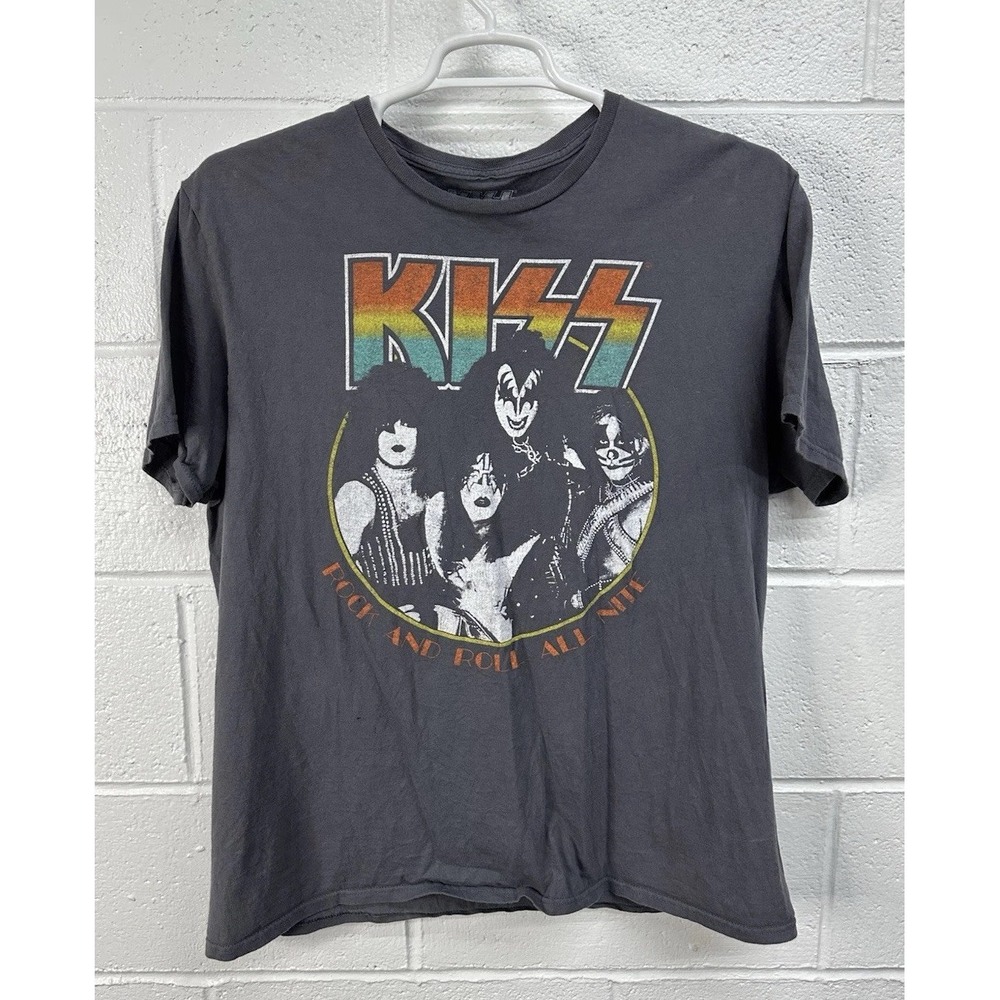 KISS Rock and Roll All Nite Retro Graphic Tee Shirt Size XL Gray